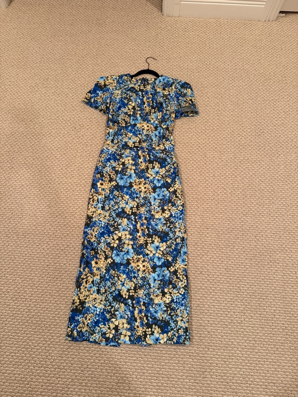 Kika Vargas Blue and Cream Floral Short-Sleeve Maxi Dress